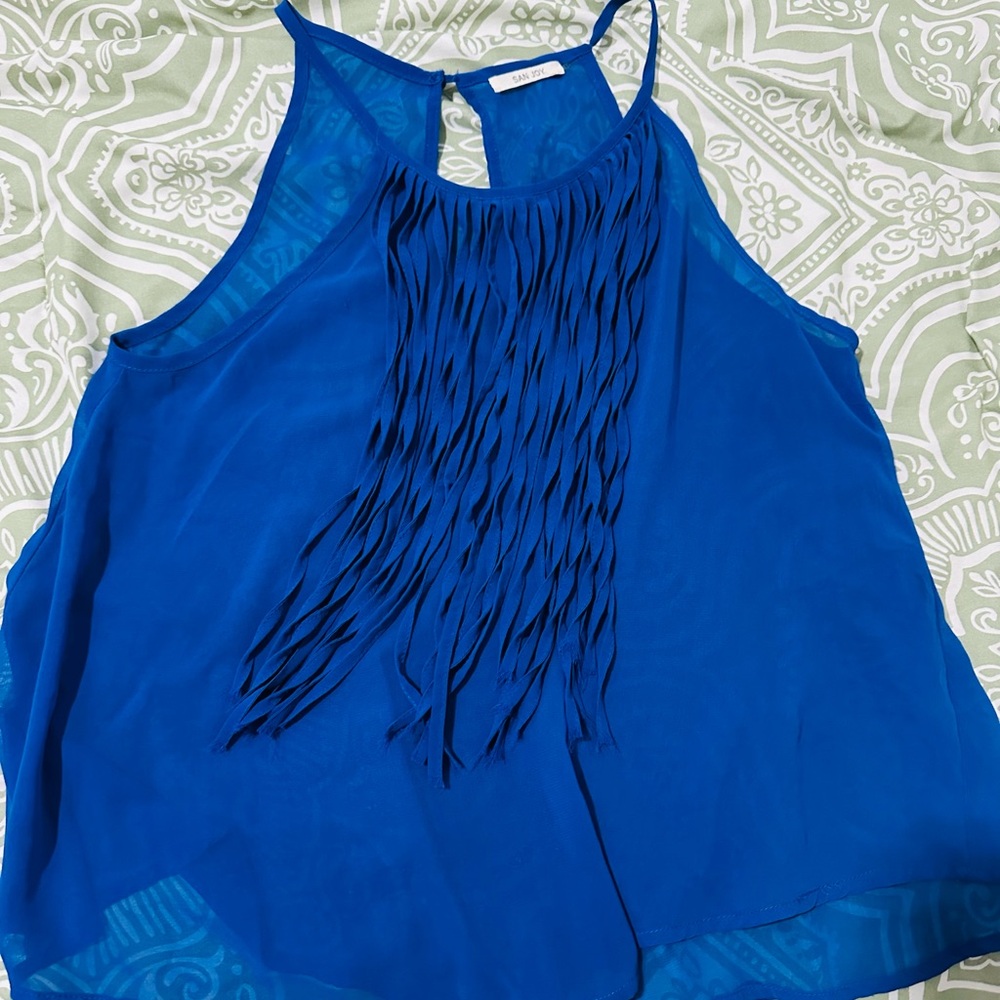 San Joy Asymmetrical Blue Tank Top with Cut Out Details